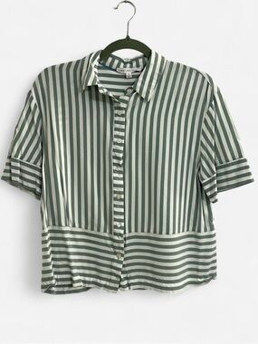 Jane and Delancey Relaxed Fit Green + White Striped Short Sleeve Button Down